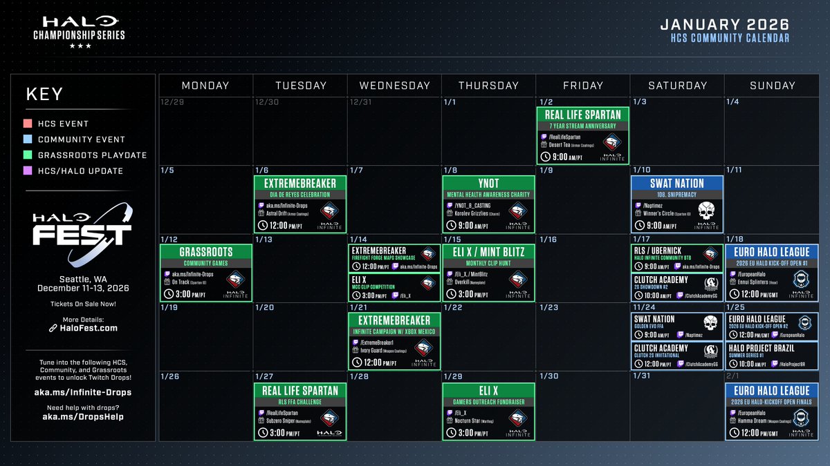 HCS's tweet image. 📅 JANUARY 2026

Kick off the new year with Halo community tournaments and playdates!