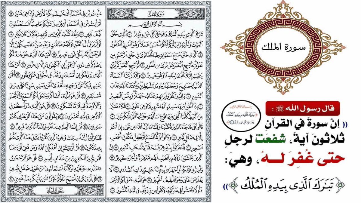 كل ليلة تُختتم بسورة الملك، بُشرى لقلب ينبض بالفطرة، ورحمة وشفاعة لصاحبها في الآخرة.
قال ﷺ: «سورة من القرآن ثلاثون آية، شفعت لصاحبها حتى غفر له» (رواه الترمذي، ).
سورة الملك المنجية، تُؤنس وحشة القبر، وحرز لمن واظب عليها.
اللهم اجعل هذه الكلمات صدقة جارية لنا ولمن قرأها . 
👑