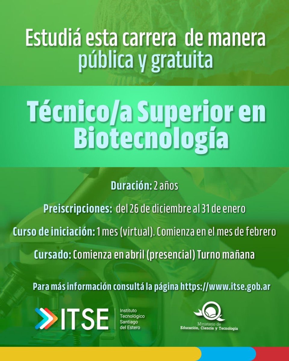 Se encuentran abiertas las Preinscripciones para las carreras del #ITSE en el 2026 👨🏻‍💻

➡️ El ITSE abrió su oferta educativa para el Ciclo Lectivo 2026 para todos los interesados en cursar las tecnicaturas en Desarrollo de Software; en Ciencia de Datos e IA y en Biotecnología.