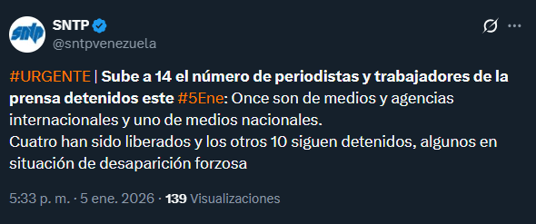 🇻🇪🇺🇸 | URGENTE: Sube a 14 el número de periodistas detenidos hoy en Venezuela.