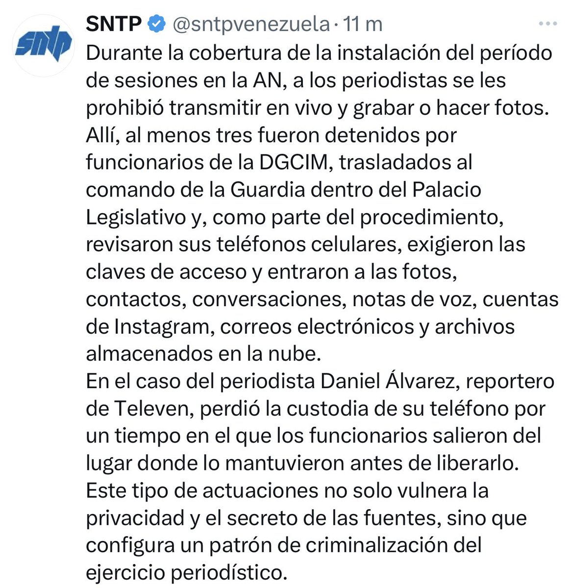 🚨 PERIODISTAS DETENIDOS

Sube a 14 el número de periodistas y trabajadores de la prensa detenidos este 5Ene: 11 son de medios y agencias internacionales y uno de medios nacionales, según informó el <a href="/sntpvenezuela/">SNTP</a>.