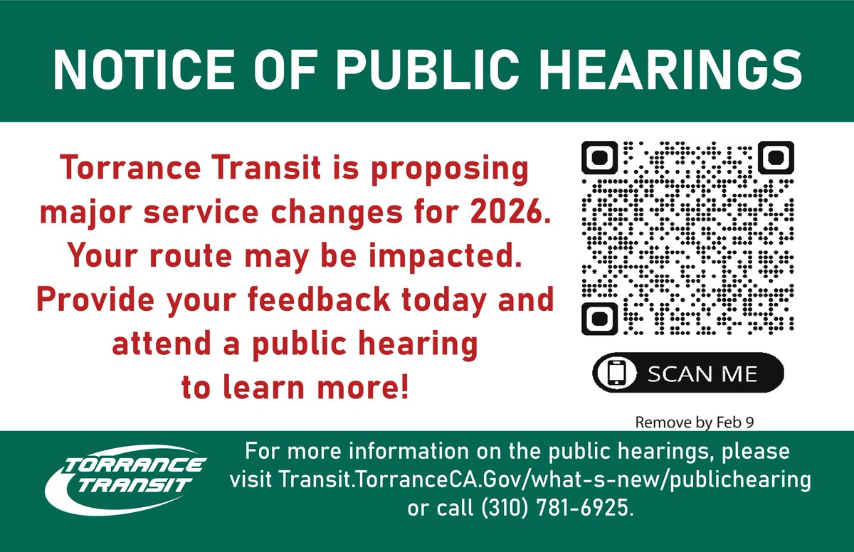 Torrance Transit is proposing major service changes for 2026.

Attend one of our public hearings to learn about these upcoming changes and fill out the survey. We want to hear from you!