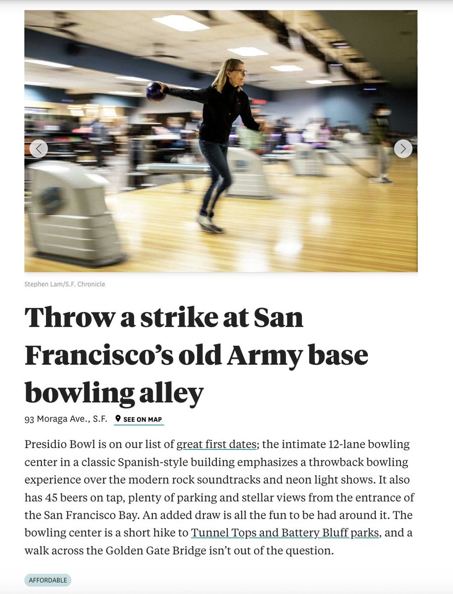 presidiosf's tweet photo. 26 San Francisco things to do in 2026 - "Throw a strike at San Francisco’s old Army base bowling alley, Presidio Bowl. The bowling center is a short hike to Tunnel Tops and Battery Bluff parks..." @sfchronicle  https://t.co/or7gdPAUQN https://t.co/EPeh4wLWwf
