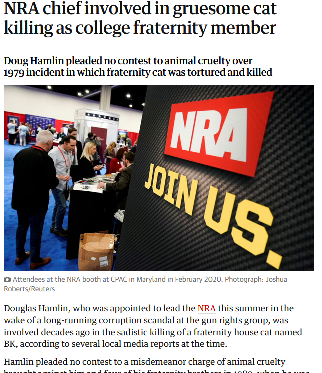 _Sardonix's tweet photo. @NRA Good joke!
I wonder when the NRA will say "Adios" to Doug Hamlin, the current CEO, who tortured his own cat and set it on fire? https://t.co/vSTTjR11ie https://t.co/3khYL8VXPv