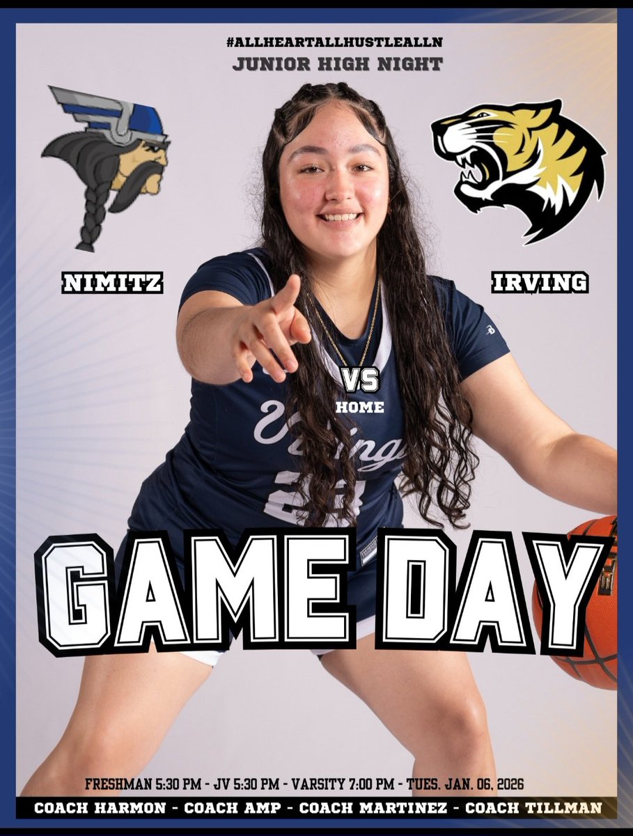 LadyVikingHoops's tweet photo. IT’S GAME TIME, LADY VIKINGS! 🏀⚔️

The journey continues as our Lady Vikings defend home court and compete with pride!

🆚 Nimitz vs. Irving

📍 HOME GAME – Nimitz High School
📅 Tuesday, January 6, 2026

🕠 Freshman – 5:30 PM
🕠 JV – 5:30 PM
🕖 Varsity – 7:00 PM

ALLN https://t.co/s1OdnCcyjH