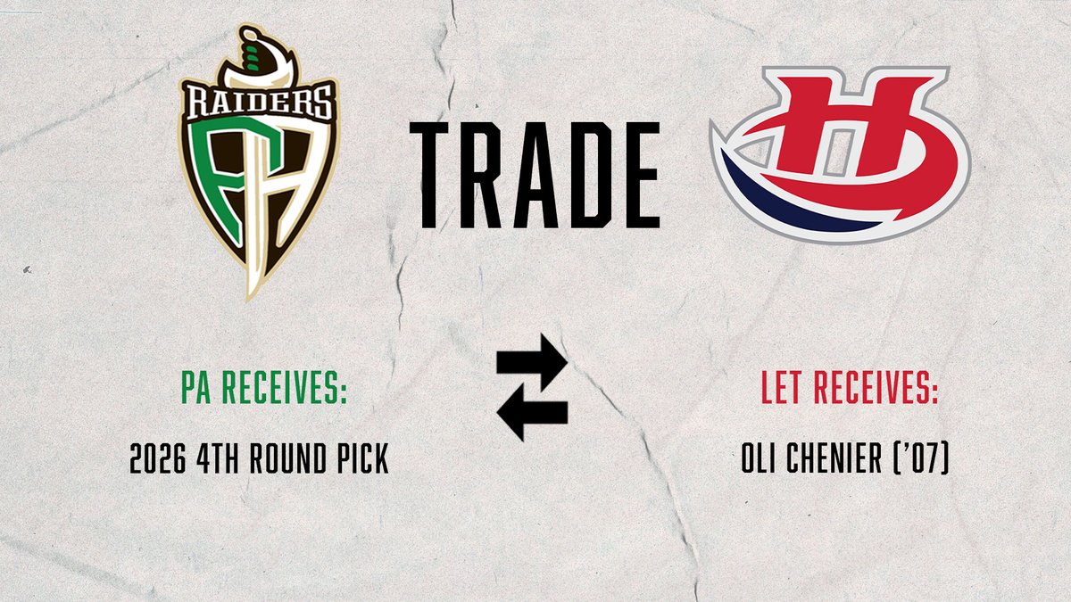 PARaidersHockey's tweet photo. TRADE: We have acquired a fourth round pick from the Lethbridge Hurricanes in exchange for forward Oli Chenier.

https://t.co/8AnW50RqSy https://t.co/uAKsgt8SuD