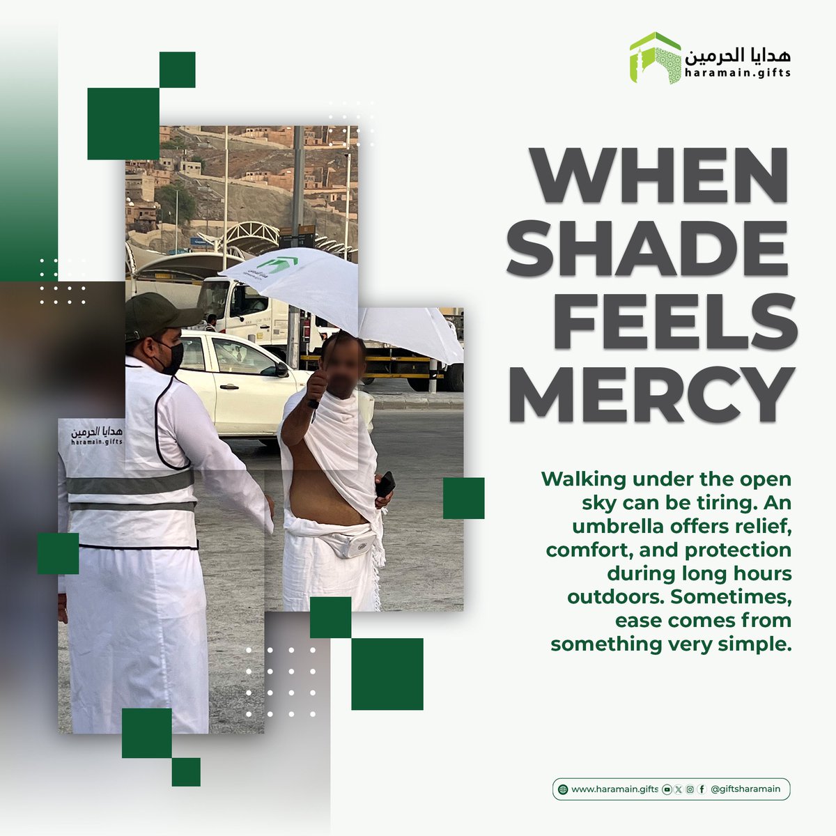 giftsharamain's tweet photo. Making long walks under the sun more bearable.
Because a little shade can bring comfort, relief, and care when it’s needed most.
Small gestures. Meaningful impact.
#MakingTheJourneyEasier #HaramainGifts #ServingPilgrims #PilgrimCare #UmrahSupport #HajjSupport #SacredJourney #ComfortForPilgrims #FaithInAction #JourneyWithEase