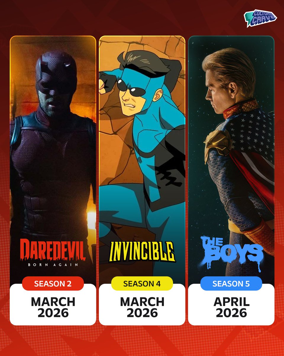 CultureCrave's tweet photo. 'Daredevil: Born Again', 'Invincible', and 'The Boys' will all air new episodes at the same time this year 📺

All three are doing weekly releases https://t.co/rBanEpEN58
