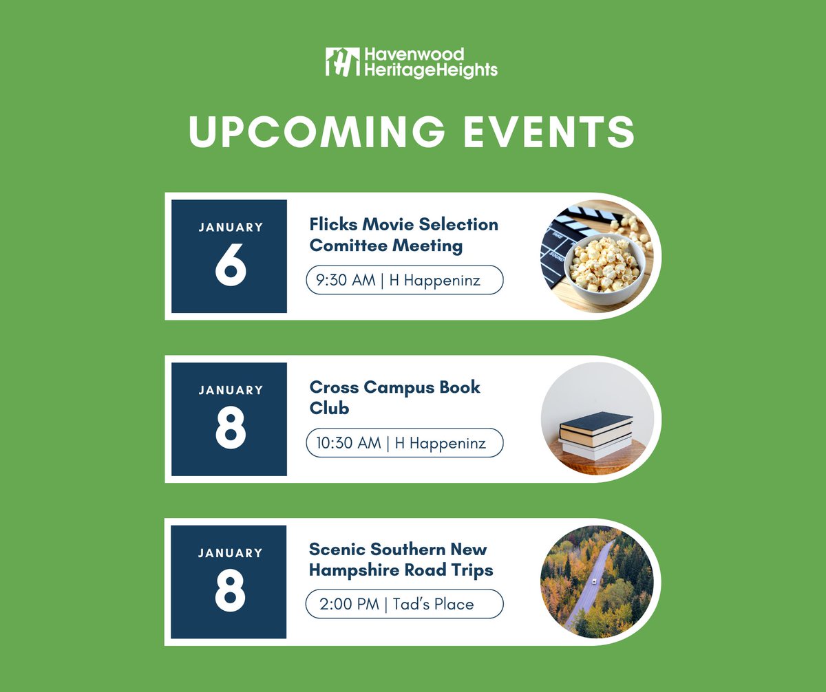 Join us for some great events this week at HHH! Tuesday at 9:30am, the Flicks Movie Selection Committee meets to plan upcoming films. Thursday brings our Cross Campus Book Club at 10:30am. At 2pm, Michael Perry presents scenic Southern New Hampshire road trips at Tad's Place