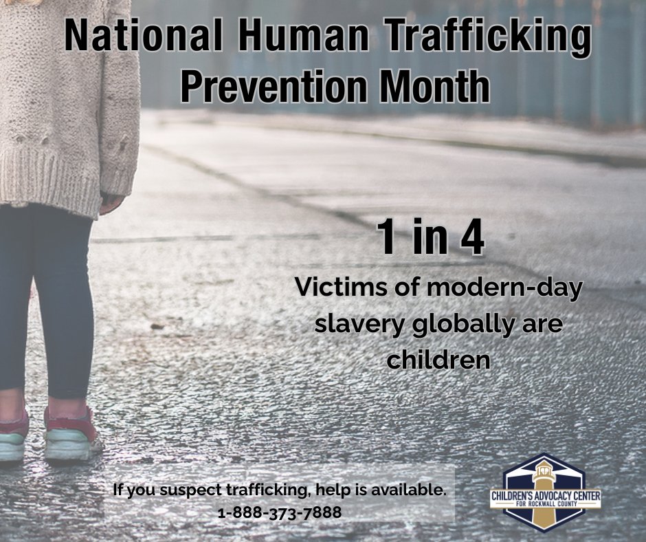 RockwallCAC's tweet photo. National Human Trafficking awareness month.
1 in 4 victims of modern- day slavery are children.
This is why we advocate 
This is why we speak up.
This is why our work matters.
If you suspect trafficking, help is available.
1-888-373-7888
If a child is an immediate danger call 911 https://t.co/xM6PnaNdty