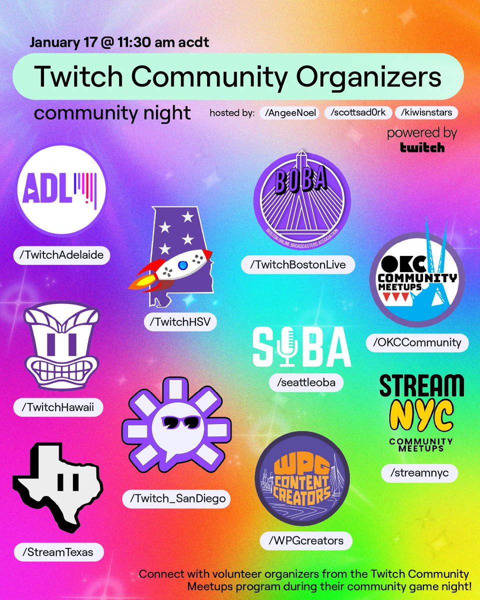 TwitchAdelaide's tweet image. ✨COOL NEWS ✨
We’ll be hanging out with some @Twitch Community Meetups Organisers from around the world, playing some Peak!

📅: Sat, 17th Jan
⏰: 11.30AM  (ACDT)

We’ll be talking about the meetups program, what it’s like to run a meetup, &amp;amp; more, all while having some laughs!