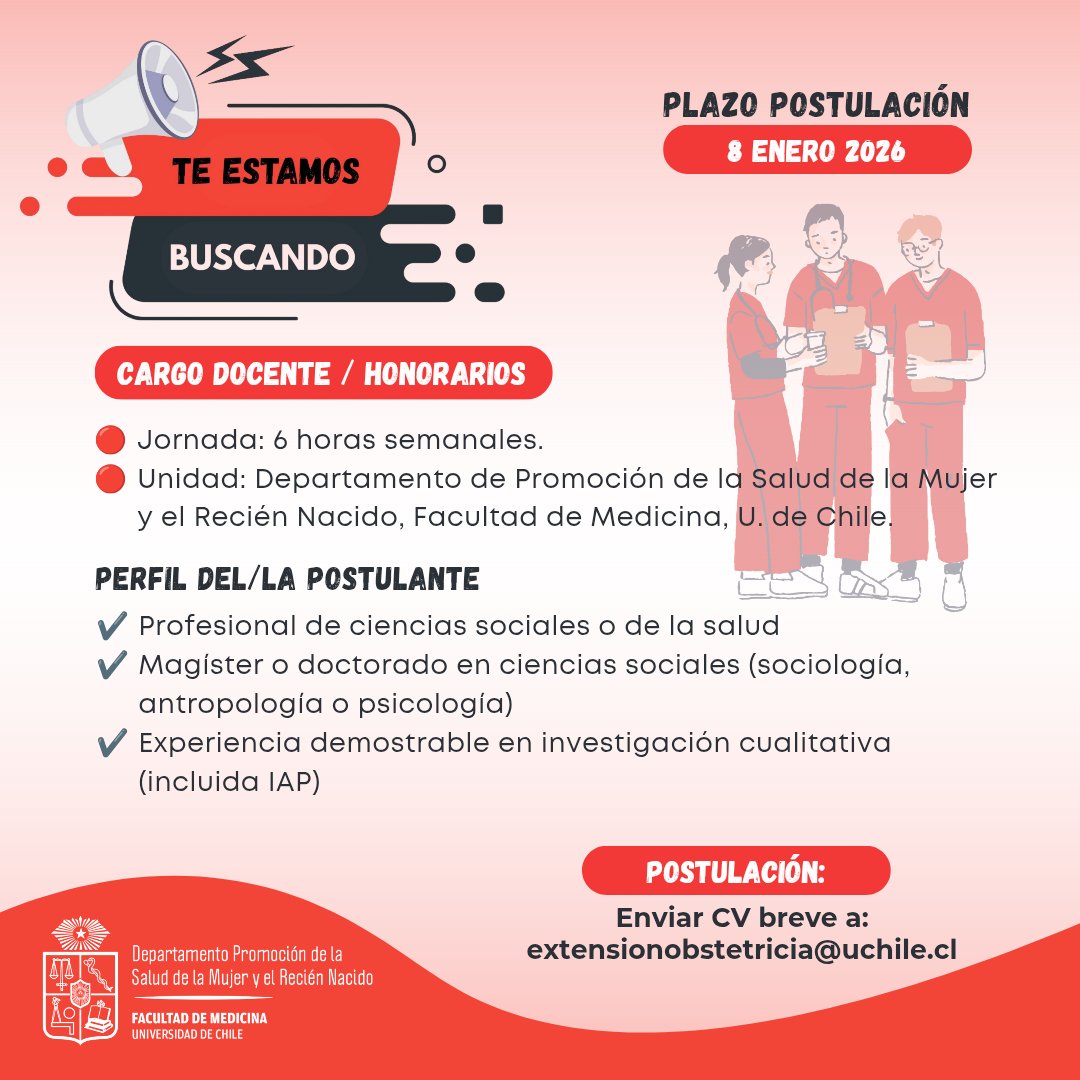 📢 AVISO DE POSTULACIÓN | Docencia en Salud Pública

Se abre convocatoria a convenio a honorarios de 6 horas, orientado a docencia en el área de Salud Pública / Investigación.

🗓 Período: marzo a julio
🕘 Jornada: 6 horas
⏰ Plazo de postulación: 8 de enero de 2025