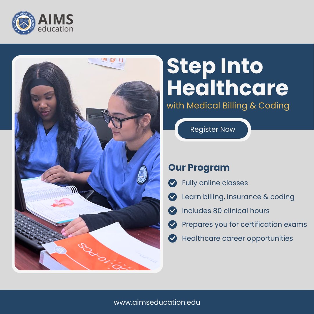 AIMSEDUCATION's tweet image. Step into healthcare with Medical Billing &amp;amp; Coding! Learn essential billing, insurance, and coding skills in a fully online 3-month program with hands-on clinical experience. Your career starts here. ✨

#MedicalBillingAndCoding #HealthcareCareers #BillingAndCoding