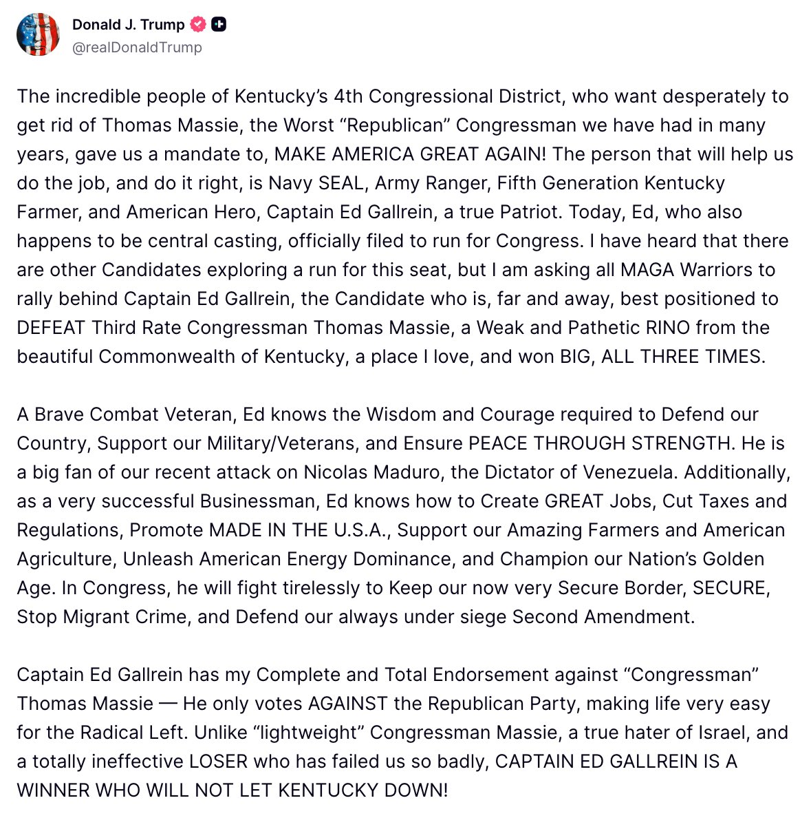 _johnnymaga's tweet image. BREAKING: Trump officially endorses Navy SEAL Captain @EdGallrein in the Kentucky 4th Congressional District race to unseat Thomas Massie