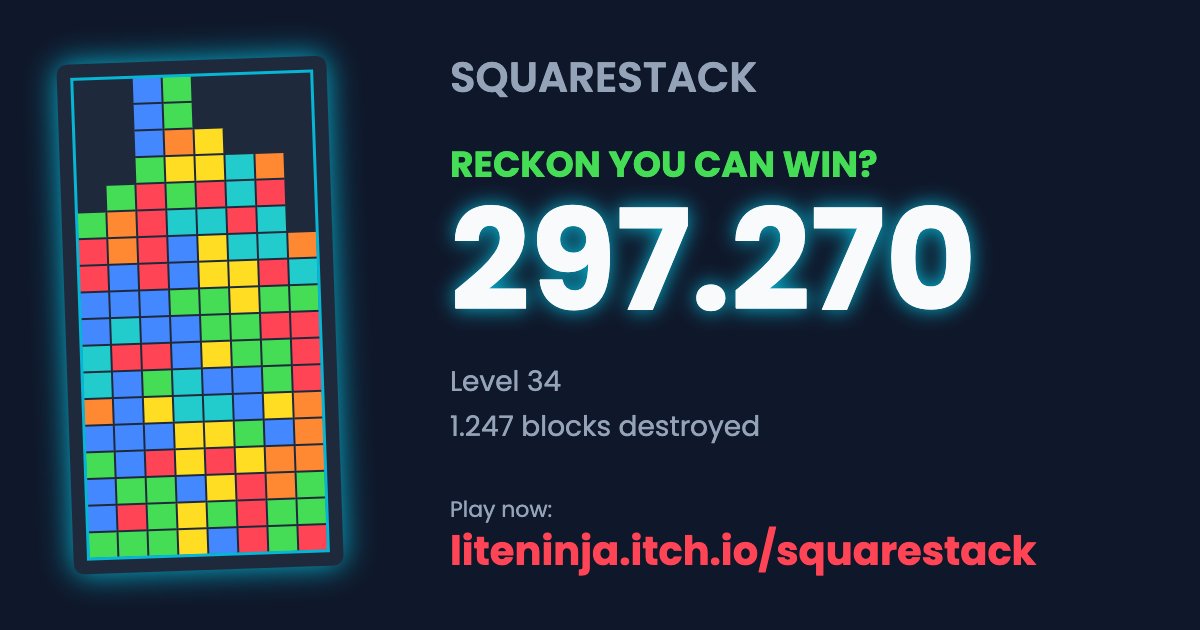 SquareStack is a modern color-matching puzzle game with a unique twist: form a 2×2 square of the same color to trigger a match, and watch as all connected blocks of that color clear in a satisfying chain reaction! 
liteninja.itch.io/squarestack

#puzzle #indiegame #game
