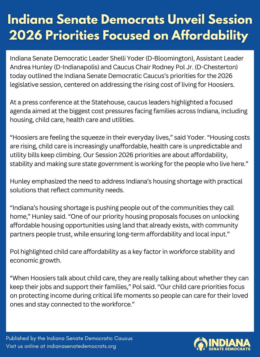 INSenDems's tweet photo. Affordability isn’t a catchphrase. It’s the difference between getting ahead and falling behind.

Session 2026 continues our focus on lowering everyday costs by tackling the biggest pressure points in Hoosiers’ lives: utility bills, housing, health care &amp; child care. #INForAll https://t.co/SJSrvry39f