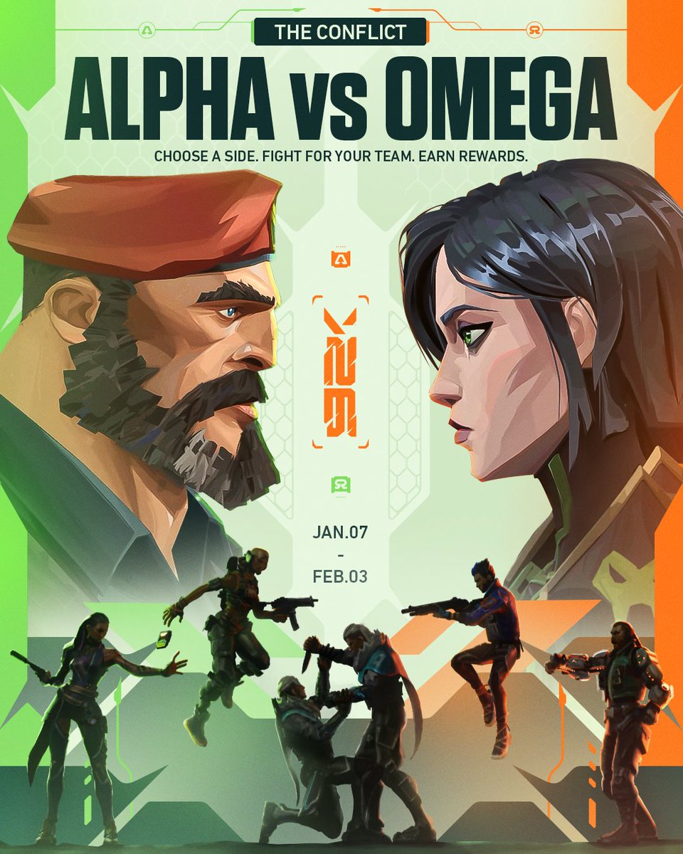 VALORANT's tweet image. Choose wisely, their fate lies in your hands. Join the #AlphaVsOmega Conflict here: riot.com/alphavsomega