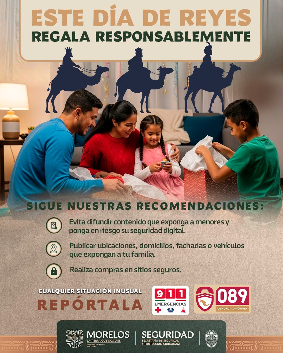 La magia del Día de Reyes también se vive cuidando a quienes más queremos. 👨‍👩‍👧‍👦
Evita publicar datos que expongan a tu familia y compra en lugares seguros.
Si ves algo sospechoso, repórtalo al 911 o 089.
#DíaDeReyesSeguro