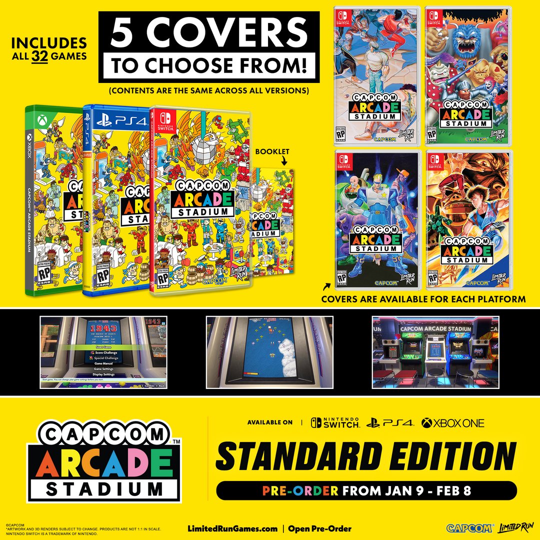 cogiyade's tweet photo. デジタル配信のみだった「Capcom Arcade Stadium Vol. 1 (カプコンアーケードスタジアム Vol.1)」のパッケージ版の発売がLimited Run Gamesから発表されました😆
Nintendo Switch、PS4、Xboxでの発売だそうです🤗
ジャケットも全5種類と、複数買わせる気満々ですね🥹
https://t.co/vpHgDsuoQm https://t.co/v1QRq0yF31