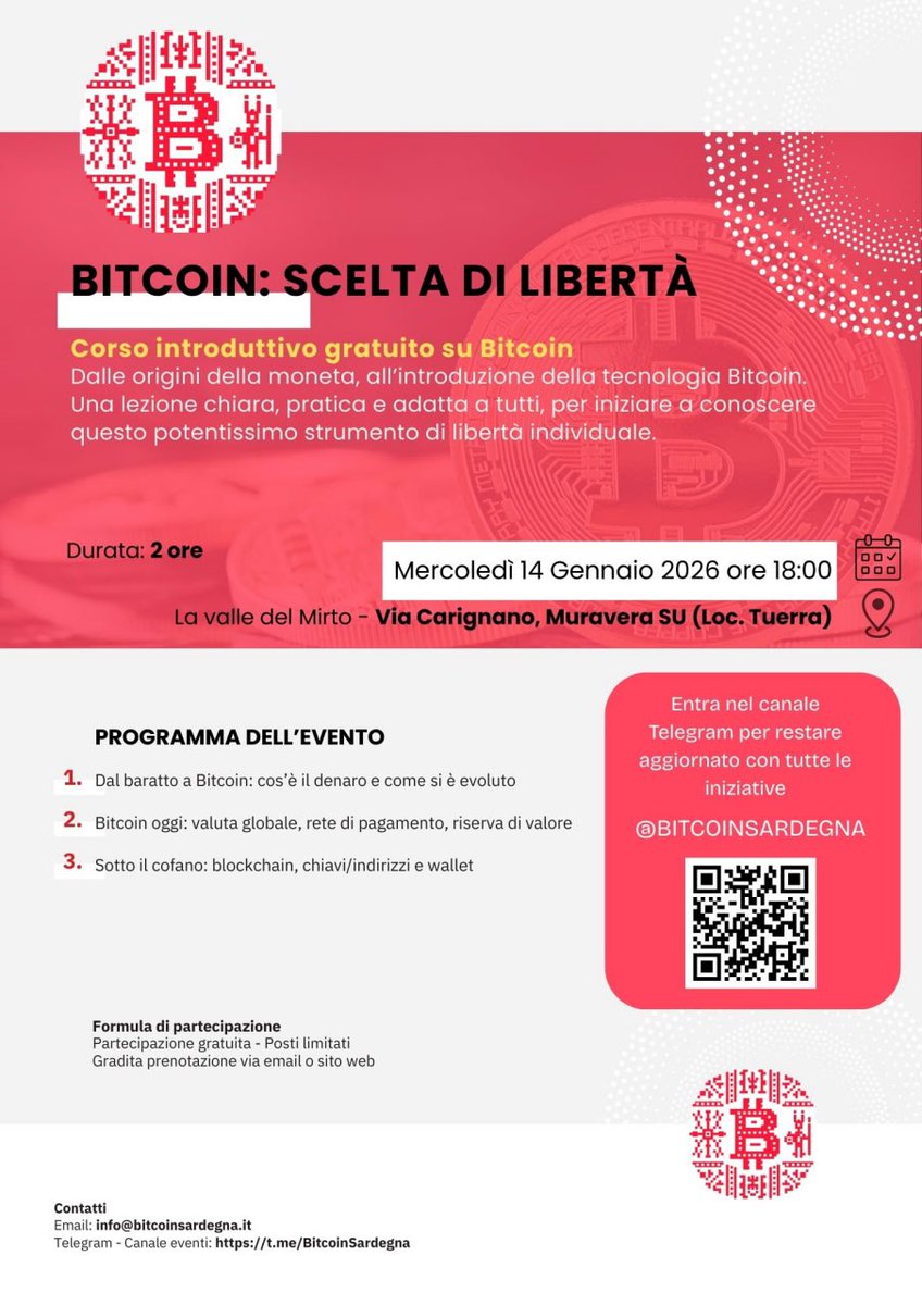 ⚡️Mercoledì 14 Gennaio ore 18:00⚡️
📍Via Carignano, Muravera SU (Loc. Tuerra) c/o La valle del Mirto
Corso introduttivo gratuito.
Dalle origini della moneta, alla nascita e diffusione della tecnologia Bitcoin.

 Posti limitati. Per info e prenotazione: info@bitcoinsardegna.it