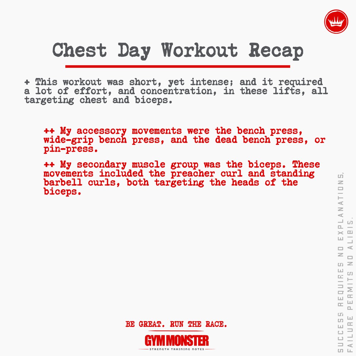 Chest/Biceps Day Proof

Full Workout
Bench Press 2 x 1
Wide-Grip Bench Press 2 x 5-6
Dead Bench Press 3 x 1
Preacher Curls 7 x 10-12
Barbell Curls  4 x 8-12

Cardio
Elliptical 25 Mins

#chestworkout #benchpress #biceps #gymsky #backday #workoutmotivation