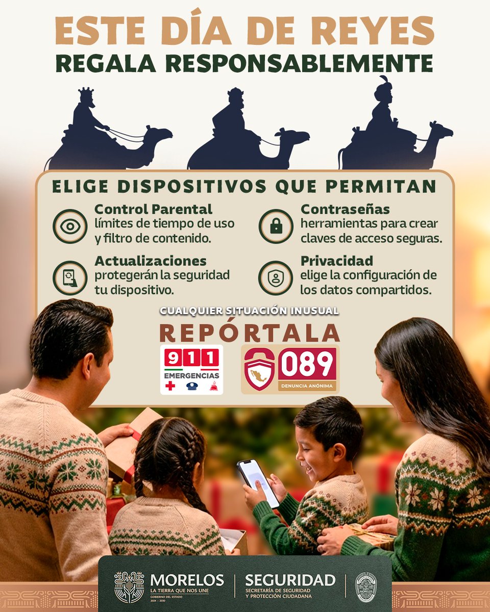 Este Día de Reyes, regalemos tecnología con responsabilidad. 🎁📱
Elige dispositivos con control parental, actualizaciones, contraseñas seguras y buena configuración de privacidad.
Si detectas algo inusual, repórtalo al 911 o 089.
#DíaDeReyes #SeguridadDigital #Morelos