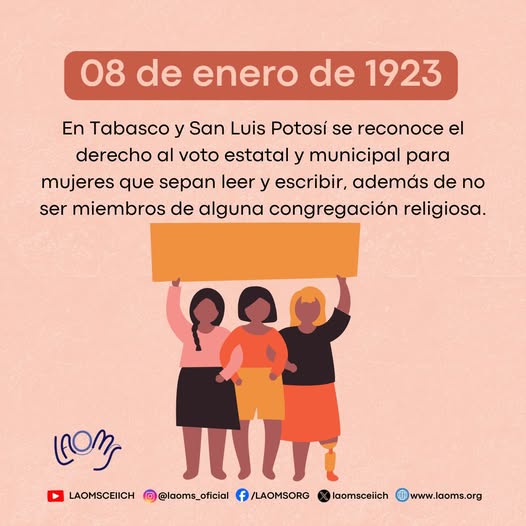 ☝️Un día como hoy, pero de 1923...

En Tabasco y San Luis Potosí se reconoce el derecho al voto estatal y municipal para mujeres que sepan leer y escribir.

👀🌐Rrevisa nuestro calendario interactivo en:  laoms.org/calendario-efe…