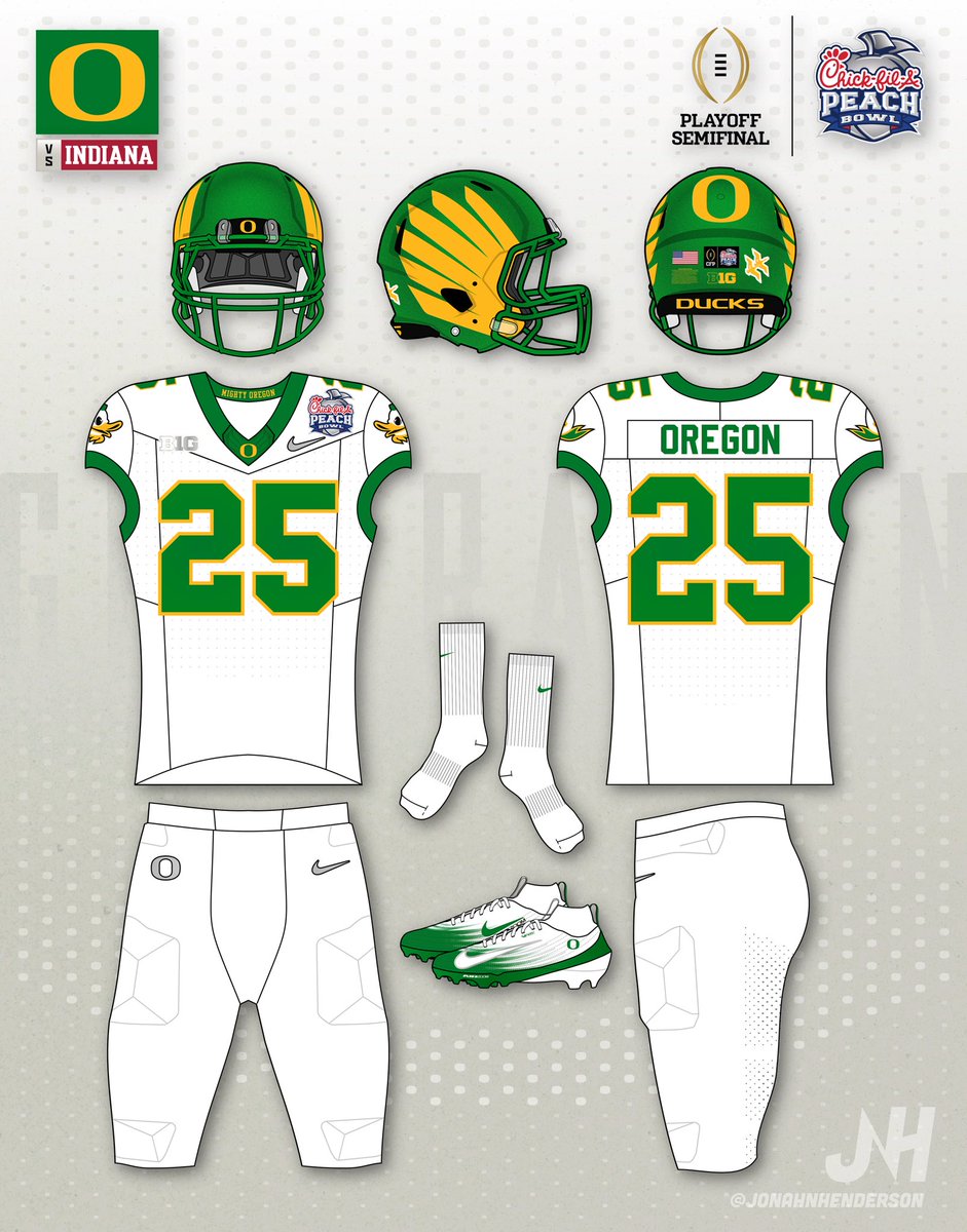 CFP Semifinal uni for <a href="/oregonfootball/">Oregon Football</a>: 𝐇𝐄𝐘 𝐘𝐀!💚👑

- 🟢⚪️⚪️ for the 48th time ever; by far the most worn road combo since ‘99

- 5th time using this combo in a postseason game (2-2 in the previous 4)

- 1st time this combo has been worn w/ the Generation O unis💪

#GoDucks