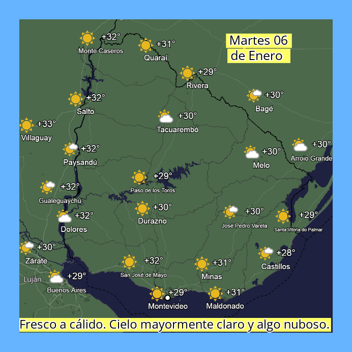 AficionadoMeteo's tweet photo. Martes 06 de Enero | Fresco a cálido. Cielo mayormente claro y algo nuboso. Viento variables; Suave y algo moderado. Rachas en zonas costeras. #Aviso - Miércoles 07 la chance de lluvias dispersas y formaciones de tormentas. +Ventoso con rachas. #InfoPrevio.! https://t.co/99xkGzJBwD