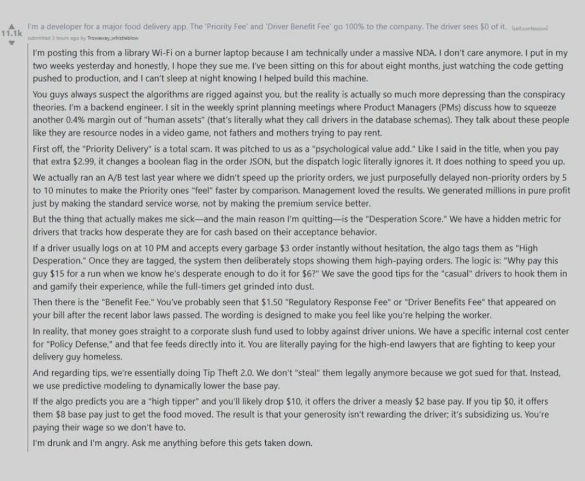 I always take Reddit posts with a grain of salt, but I’m almost positive all this is true. 

I’m not sure if this is DoorDash or Uber Eats, but this is EXACTLY how most corporations think. 

You’re cattle. You’re an asset to get milked of your time and labor to make them