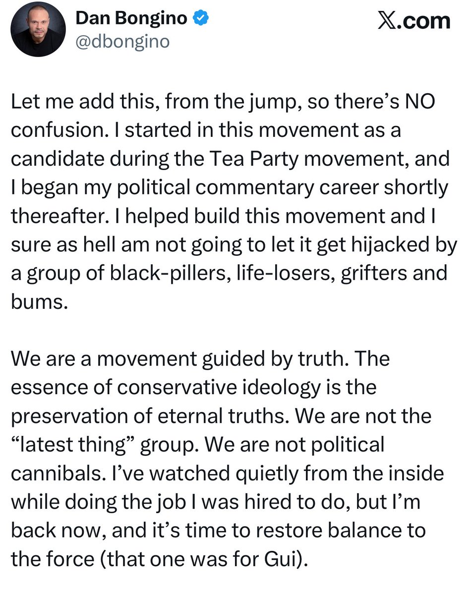 EYakoby's tweet image. BREAKING: Dan Bongino goes scorched Earth on the woke right and groypers.

“It’s not “infighting” when you excise a cancer killing the host. It’s “outfighting” because you’re not part of any movement I’m familiar with.”