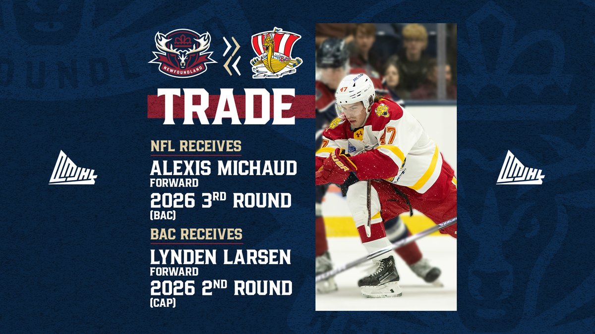 🚨 TRADE 🚨

We have acquired forward Alexis Michaud and a 2026 3rd round pick from the Baie-Comeau Drakkar in exchange for forward Lynden Larsen and Cape Breton's 2026 2nd round pick.

Welcome to the Regiment, Alexis!

🗒️: chl.ca/lhjmq-regiment…

🎟️: tickets.nlregiment.com
