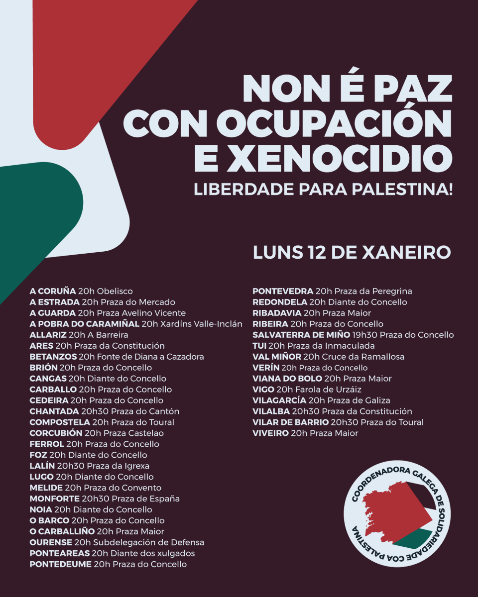 🔴 Cando o imperialismo demostra máis unha vez que non ten limites e non respeita nin as regras que di defender, non esquecemos que a #Palestina continúa a sofrer un brutal xenocidio ao que chaman paz. 

🇵🇸 Este luns 12, de novo ás rúas! 
#GalizaConPalestina