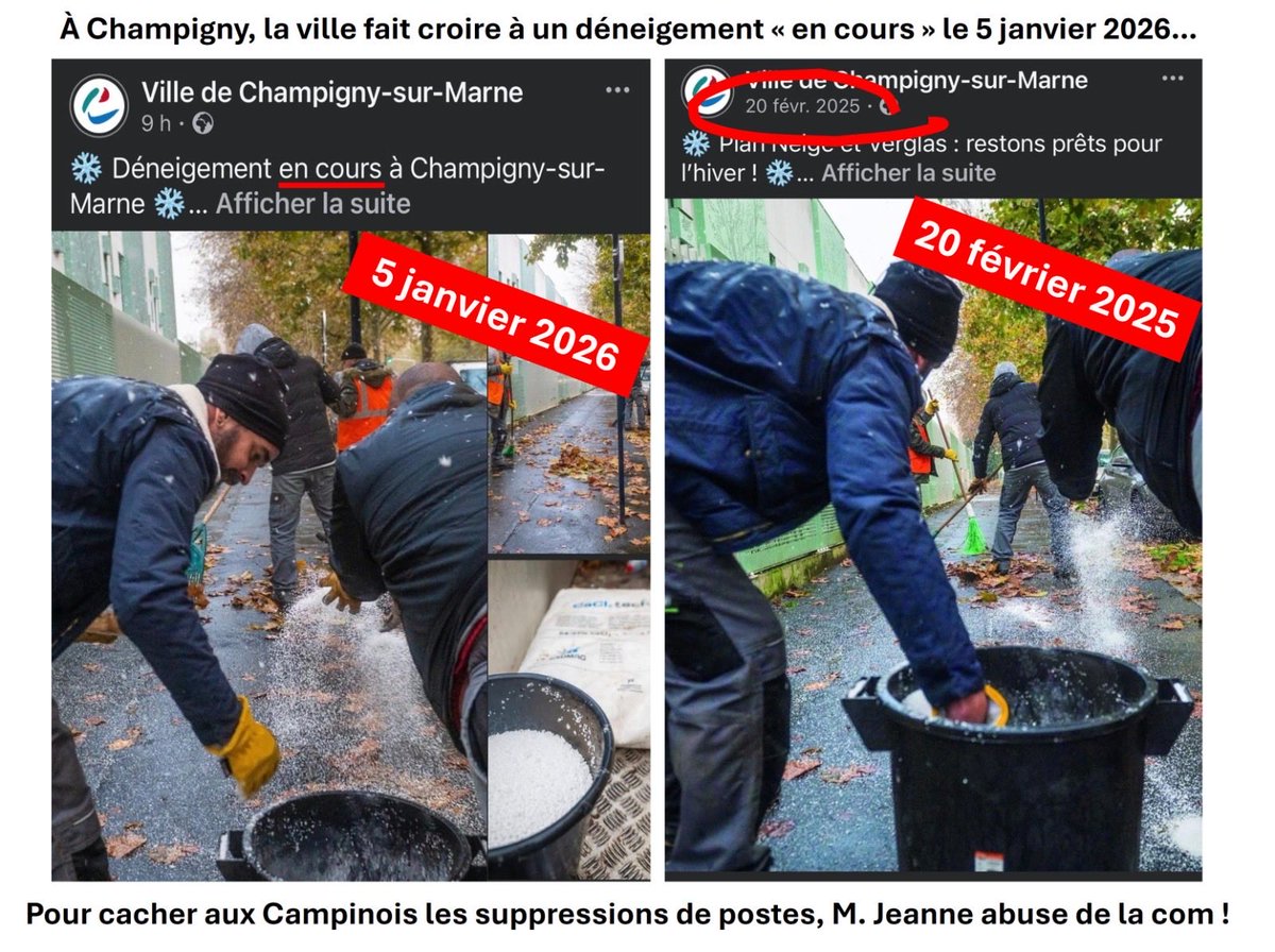 LEGERJulien94's tweet photo. ❌ À Champigny, la ville fait croire à un déneigement «en cours» en publiant des photos d’agents «en action»

Or, ces photos datent de février 2025 !

👉 Une fake news pour cacher les suppressions de postes qui participent à la mauvaise gestion municipale de cet épisode de froid https://t.co/jmjDGpHjhJ
