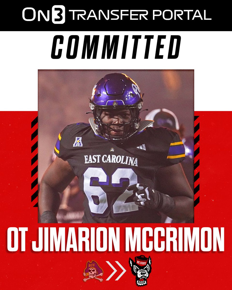 fleischman_noah's tweet image. NC State picked up a commitment from ECU transfer OT Jimarion McCrimon after his official visit.

The First Team All-AAC selection has allowed just four sacks in 788 pass-blocking snaps over the last two seasons.

More here: on3.com/teams/nc-state…