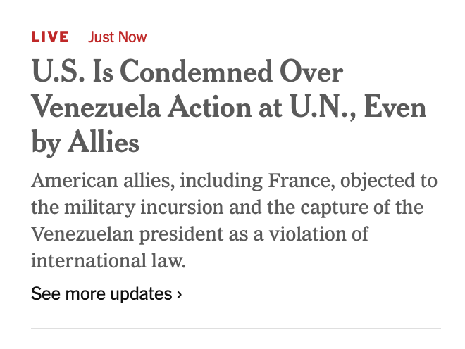 DoliaEstevez's tweet photo. EEUU es condenado en reunión de emergencia en la ONU por Venezuela, incluso por aliados, como Francia, que se opusieron a la intervención militar en un Estado soberano y a la detención de Maduro considerándolas una violación del derecho internacional, reporta @nytimes https://t.co/FPIkjyDmK7