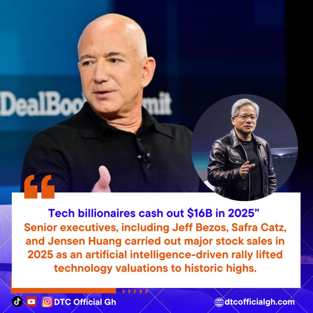 As AI pushed tech stocks to record highs in 2025, some of the industry’s biggest names quietly cashed out.
 
Full story: dtcofficialgh.com/tech-billionai…

#dtcofficialgh #ArtificialIntelligence #TechStocks #StockMarket #AIboom #Investing #MarketTrends #BigTech