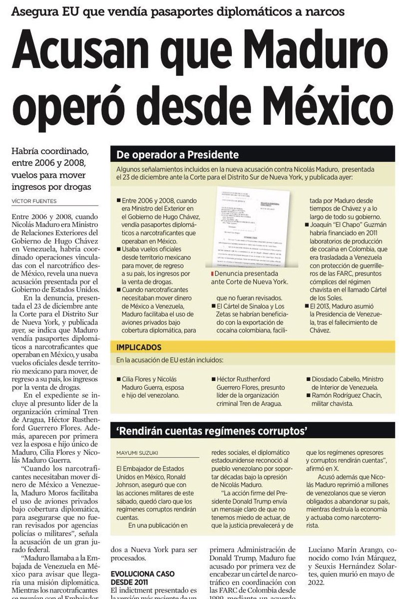 Las presuntas acusaciones de EEUU en contra de Nicolás Maduro es que operó una red de trafico de drogas desde México de 2006 a 2008, cuando era ministro de relaciones exteriores.

Esto implicaría el consentimiento de las autoridades mexicanas en el sexenio de <a href="/FelipeCalderon/">Felipe Calderón 🇲🇽🇺🇦</a> 😬
