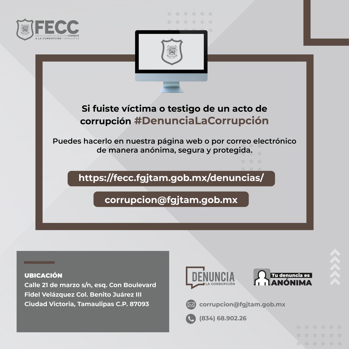 ¿Sabías que denunciar la corrupción ayuda a proteger nuestros derechos y fortalecer la confianza en las instituciones?
Haz tu parte y denuncia de forma segura y anónima:
🔗 fecc.fgjtam.gob.mx/denuncias/
📧 corrupcion@fgjtam.gob.mx
📞 (834) 689 02 26