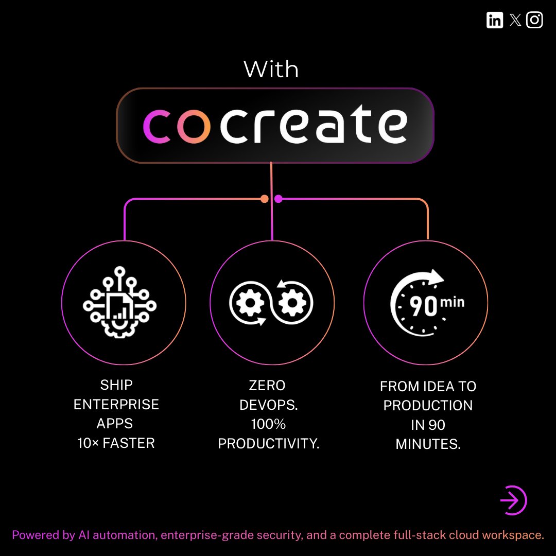 ColateAi's tweet photo. Enterprise shipping shouldn’t feel heavy.

COCREATE cuts through DevOps, infra, and security overhead, so teams move faster, spend less, and ship with confidence.

This is how India builds enterprise apps today.

 Start Your Free Trial Now!

#ZeroDevOps #EnterpriseTech #SaaS #IndianStartups #Tech #IT #DigitalIndia