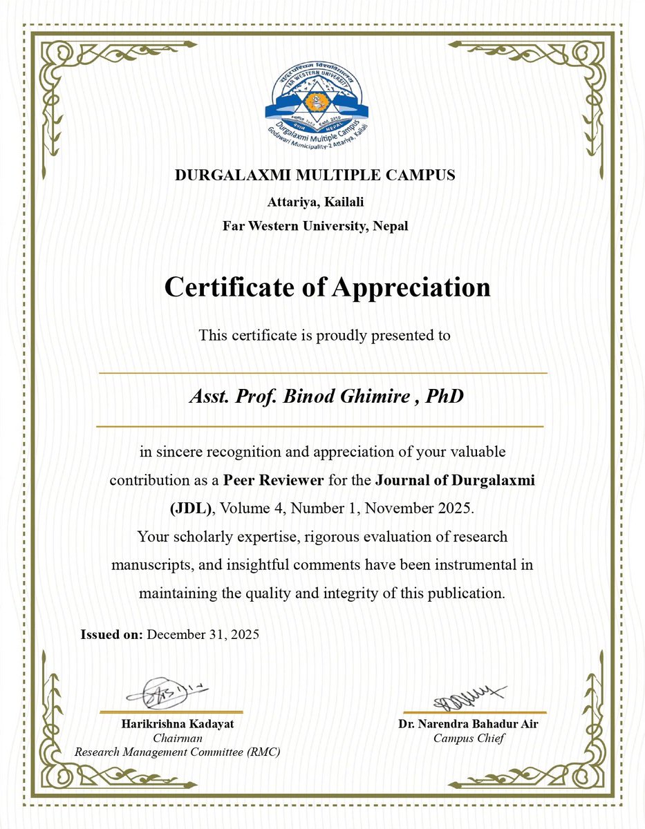 Grateful to be part of the academic community at Far Western University as a journal reviewer.