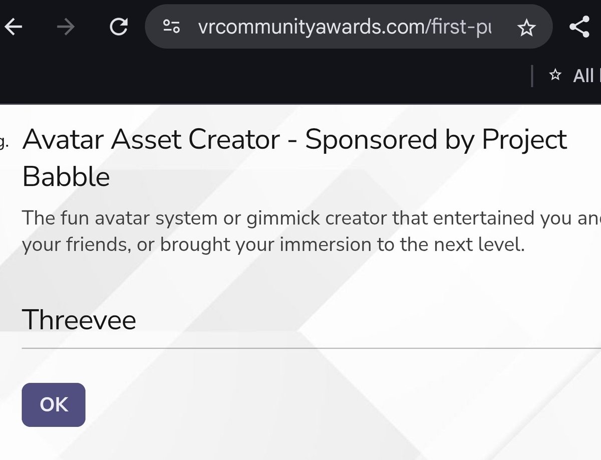 darealthreevee's tweet image. VRC awards voting is now live, and this year I'm tossing my hat in the ring for Avatar Asset Creator!

If you enjoyed any of my work, please consider voting for me when you get to this step! Love you all &amp;lt;3