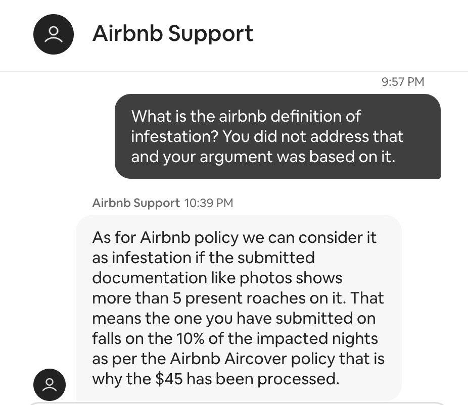 niteria's tweet photo. Shocking: @Airbnb calls cockroaches an "infestation" ONLY if 5+ in ONE photo. Less is "minor"—ignoring asthma, allergies &amp; disease risks. Proof from support 👇🪳😡
Who's ditching this? @vrbo @bookingcom @Expedia @Tripadvisor
#AirbnbHell #BoycottAirbnb https://t.co/GjyyLVaF40