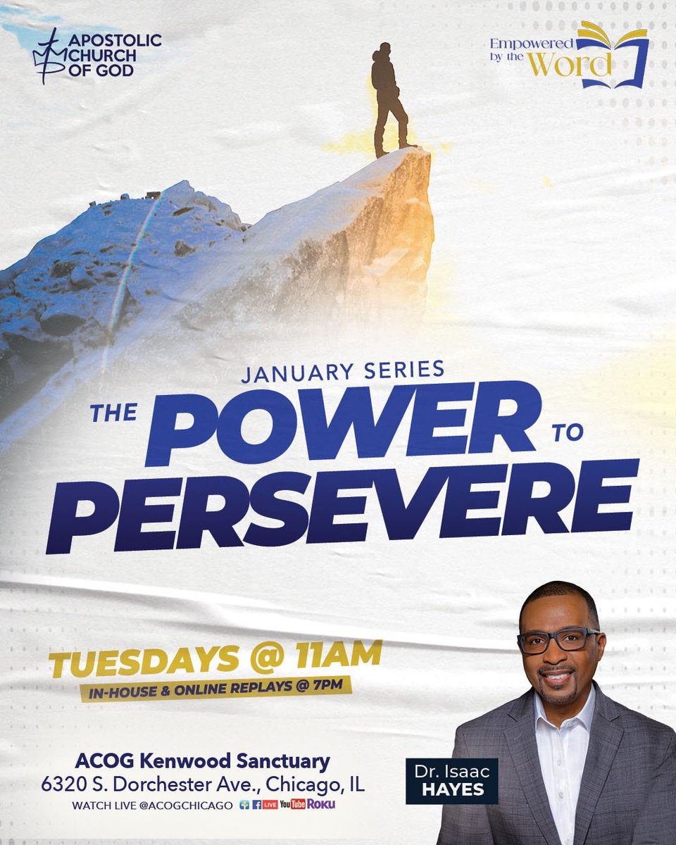 Join us tomorrow as we begin the Bible study series “The Power to Persevere .” Livestream at 11am 👉🏾 YouTube.com/c/ACOGChicago/…. #Bible #BibleStudy #ACOGEverywhere #HOTSMinistries #Perseverance