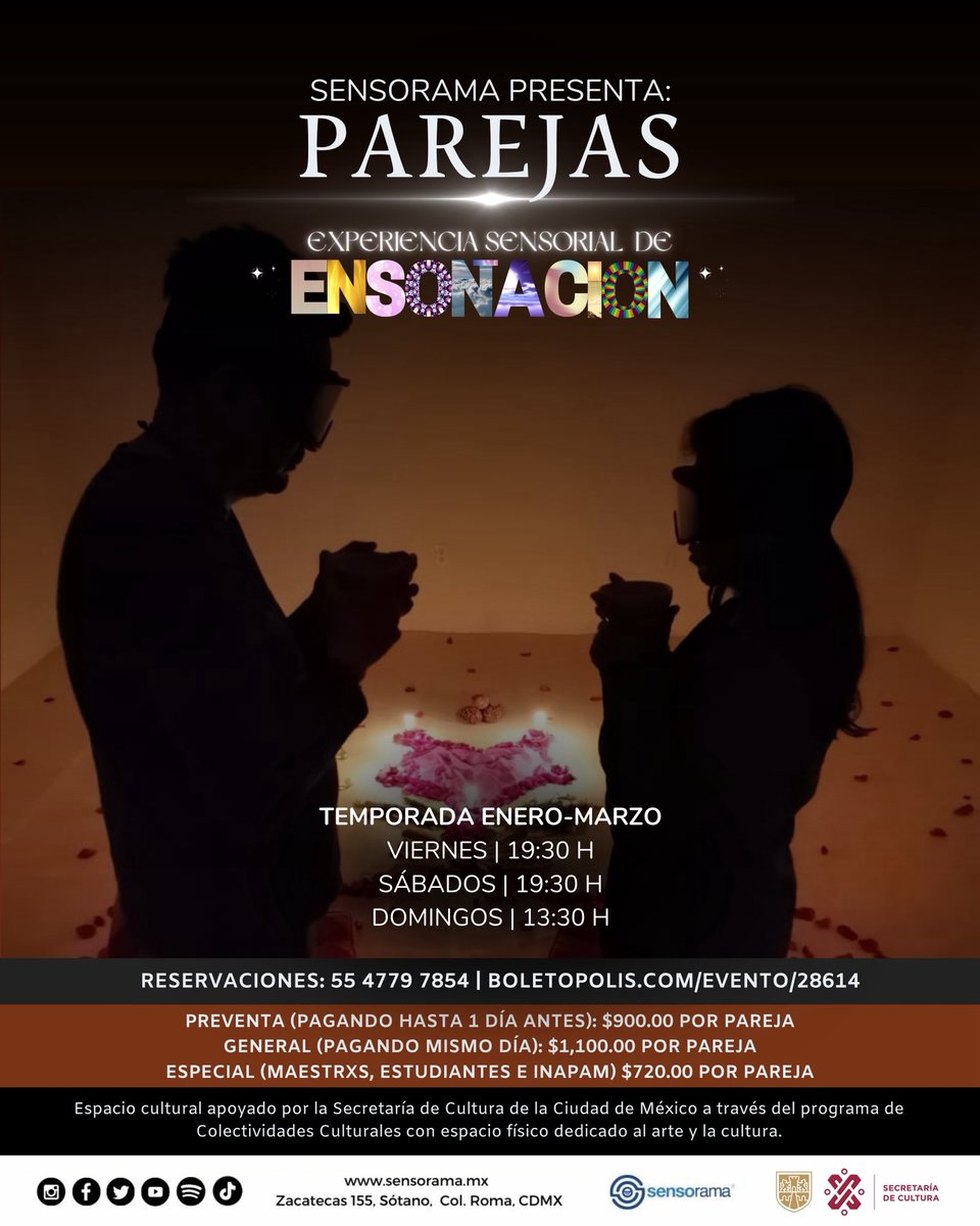 El amor es un alma que se teje de dos cuerpos que sienten. 
✨💖🫂✨

Experiencia de ensoñación sensorial:
Parejas

🔗 Taquilla aquí: blt.mx/m2u

ℹ️ Más información: cutt.ly/ptdFGY7x

Sueño, luego existo 
✨😎💭✨