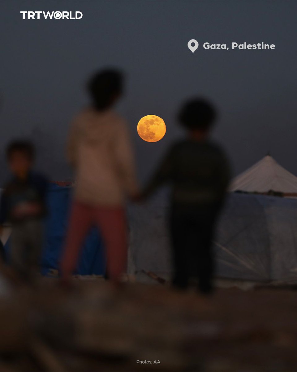 KumariCr's tweet image. A full Wolf Moon shines over Gaza's rubble and displacement tents, highlighting the besieged Palestinian territory under Israeli blockade and ongoing violations causing over 400 deaths since October 10.