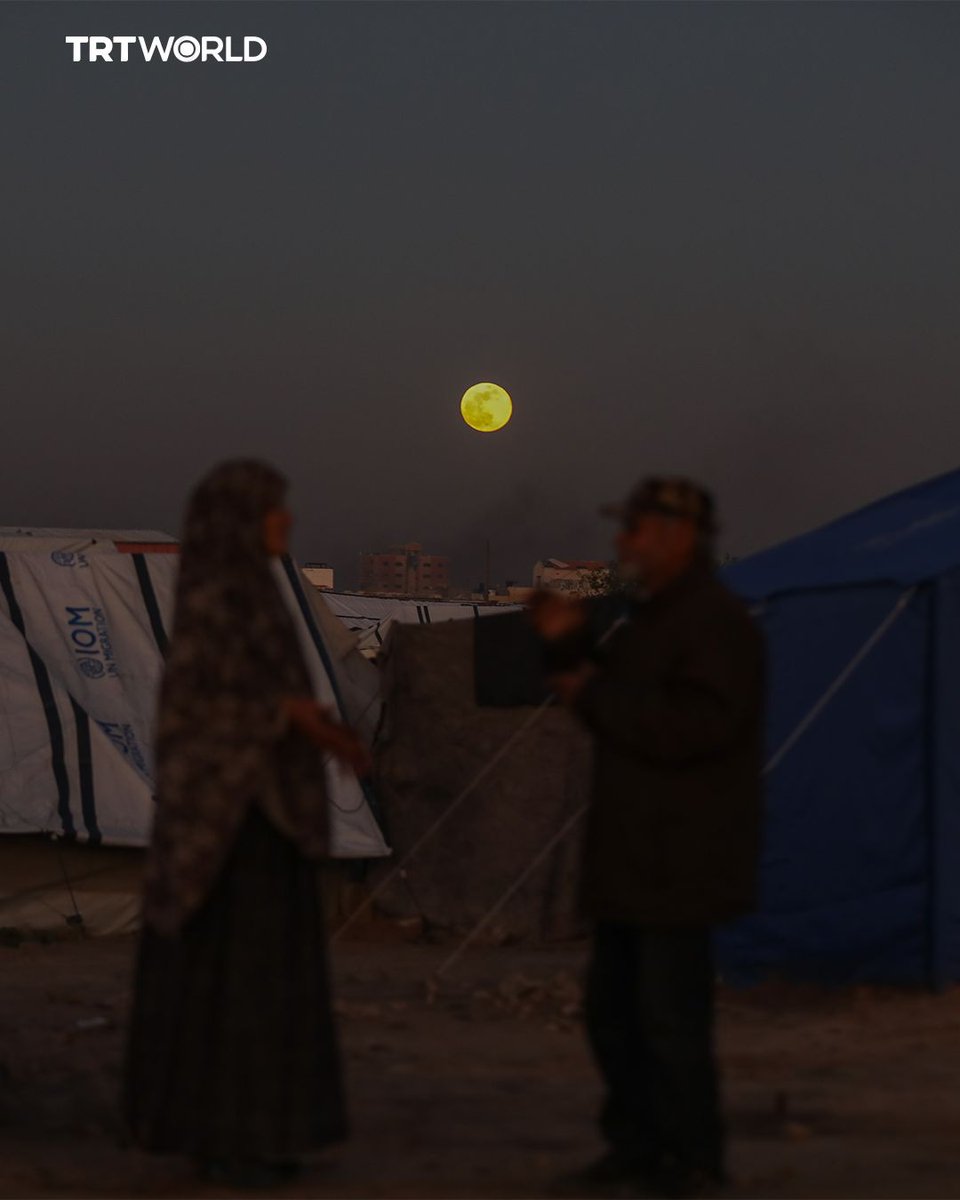 KumariCr's tweet image. A full Wolf Moon shines over Gaza's rubble and displacement tents, highlighting the besieged Palestinian territory under Israeli blockade and ongoing violations causing over 400 deaths since October 10.