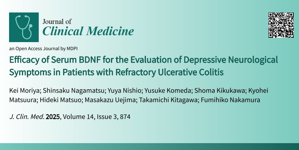 JCM_MDPI's tweet image. #mdpijcm
#FeaturePaper Sharing✨
Efficacy of #Serum BDNF for the Evaluation of #Depressive Neurological Symptoms in Patients with Refractory #UlcerativeColitis
👉mdpi.com/3158478
👥Kei Moriya 🏬Nara Prefecture General Medical Center
@MediPharma_MDPI