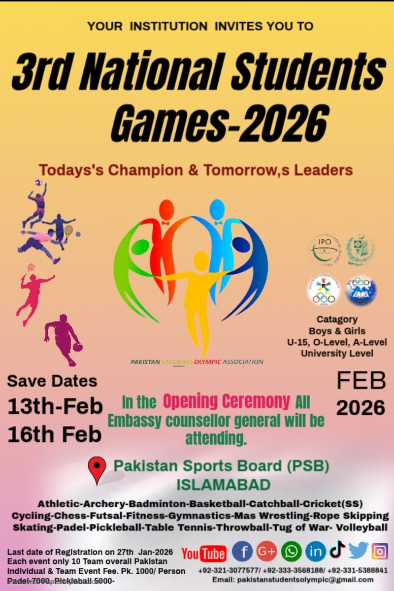 OlympicPak's tweet photo. *Save &amp; New Dates, 13-16 Feb!*

The Prime Minister of Pakistan booked the PSB Sports Complex for the International Culture event from 1st to 10th February in a very short message by the DG, PSB. All PSB sports complex Bookings are canceled by DG PSB

Dear Sir/ Madam,

* https://t.co/zS3RJSISnW