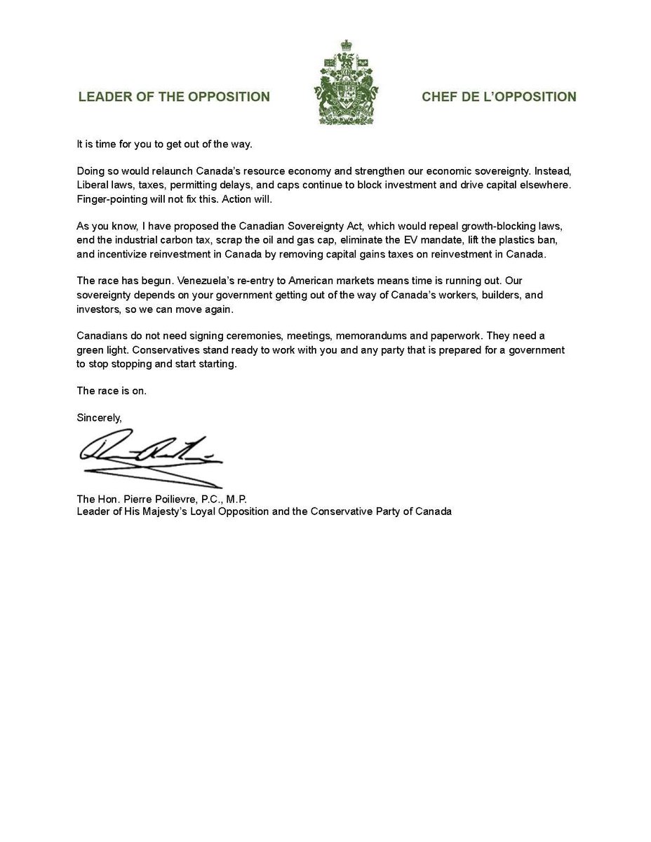 PierrePoilievre's tweet image. Change in oil-rich Venezuela means Canada must race to approve a pipeline to the Pacific Coast and move millions of barrels of Canadian oil per day overseas to break our dependence on one customer. 
 
Read my plan in a letter to the Prime Minister.